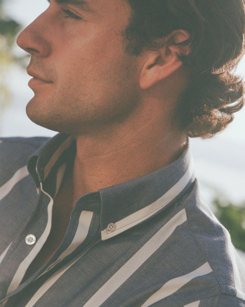Navy Wide Stripe Summer Chambray Shirt