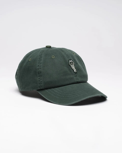 Green baseball cap with a small logo on a light gray background