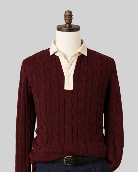 Burgundy Cotton Cable Knit Rugby