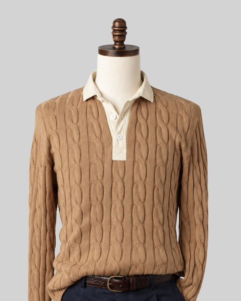 Camel Cotton Cable Knit Rugby