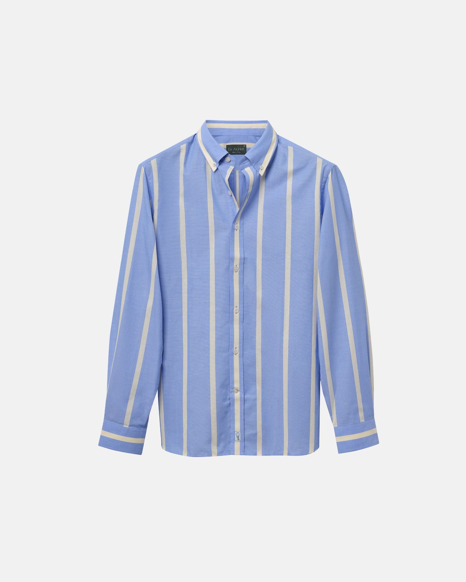 Marina Blue Wide Stripe Summer Chambray Shirt | Le Alfr XS Marina Blue Wide Stripe Summer Chambray Shirt | Le Alfr XS