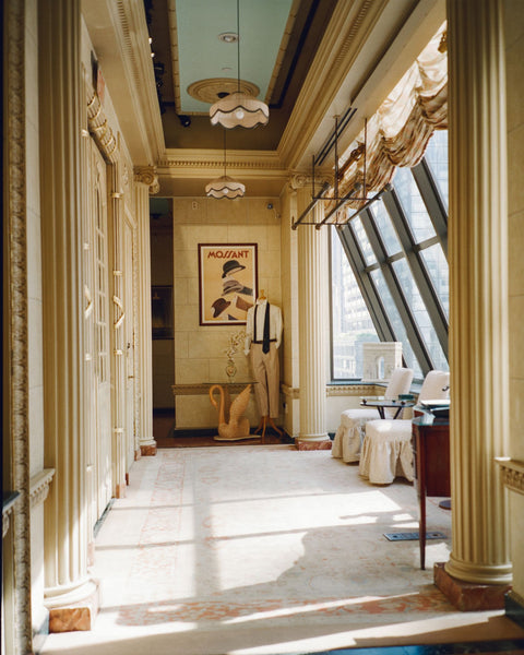 Luxurious interior hallway with ornate decor and large windows.