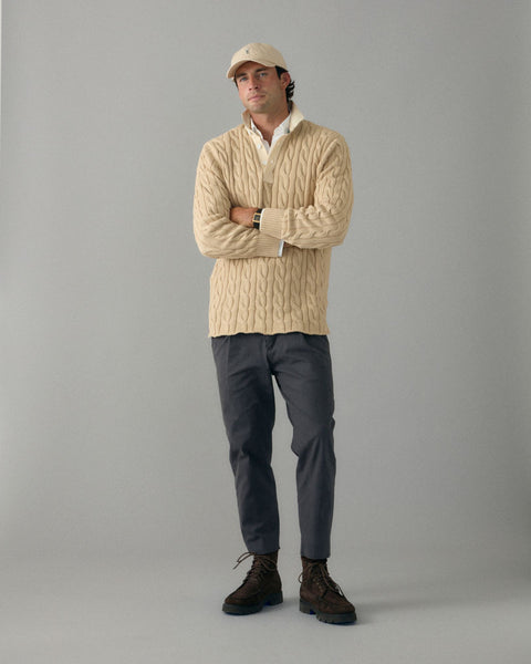 Light Camel Cotton Cable Knit Rugby