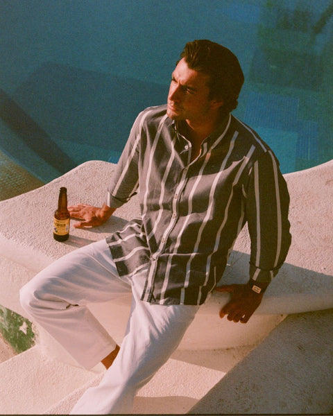 Navy Wide Stripe Summer Chambray Shirt