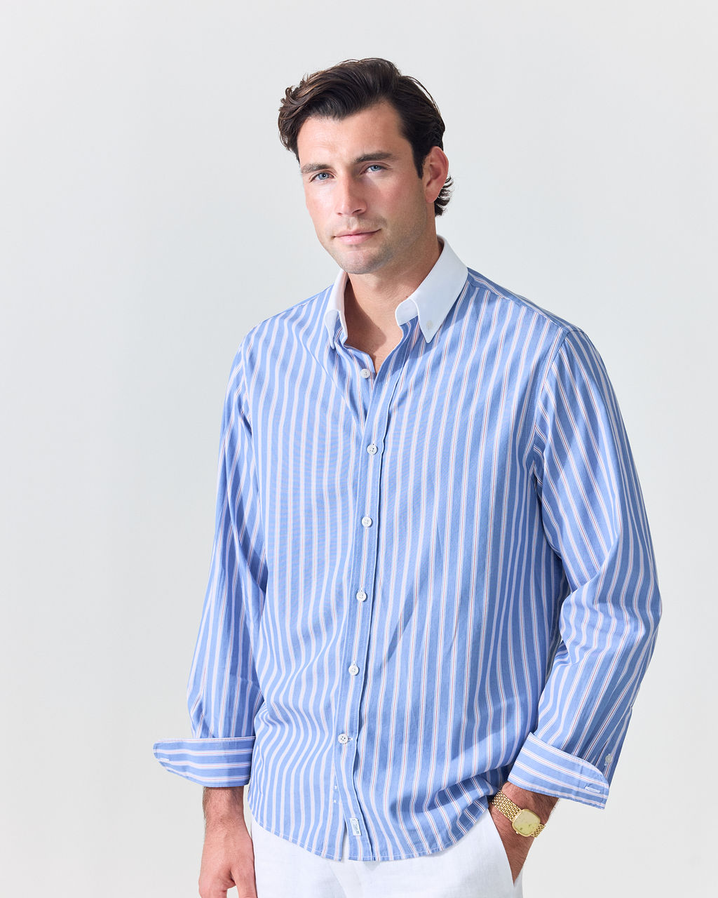 Blue Stripe Contrast Collar Shirt (SS26) | Le Alfré