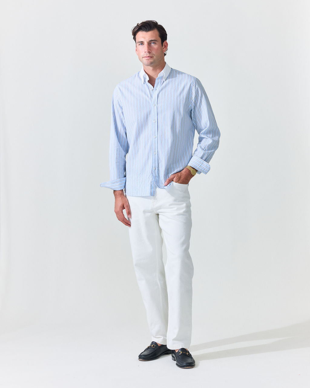 Light Blue Stripe Contrast Collar Shirt (SS26) | Le Alfré