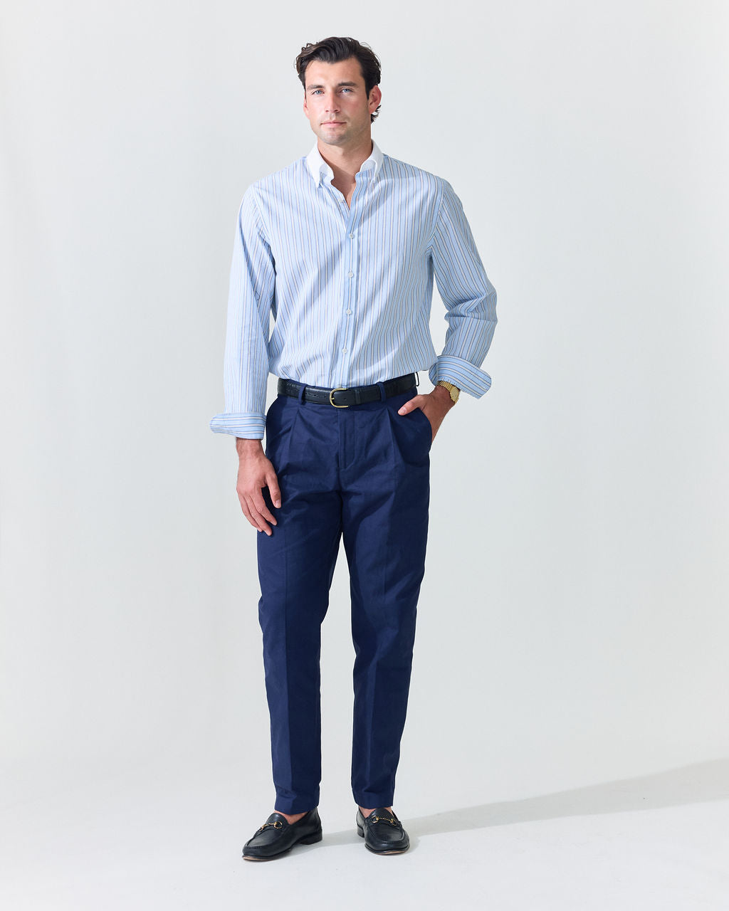 Light Blue Stripe Contrast Collar Shirt (SS26) | Le Alfré