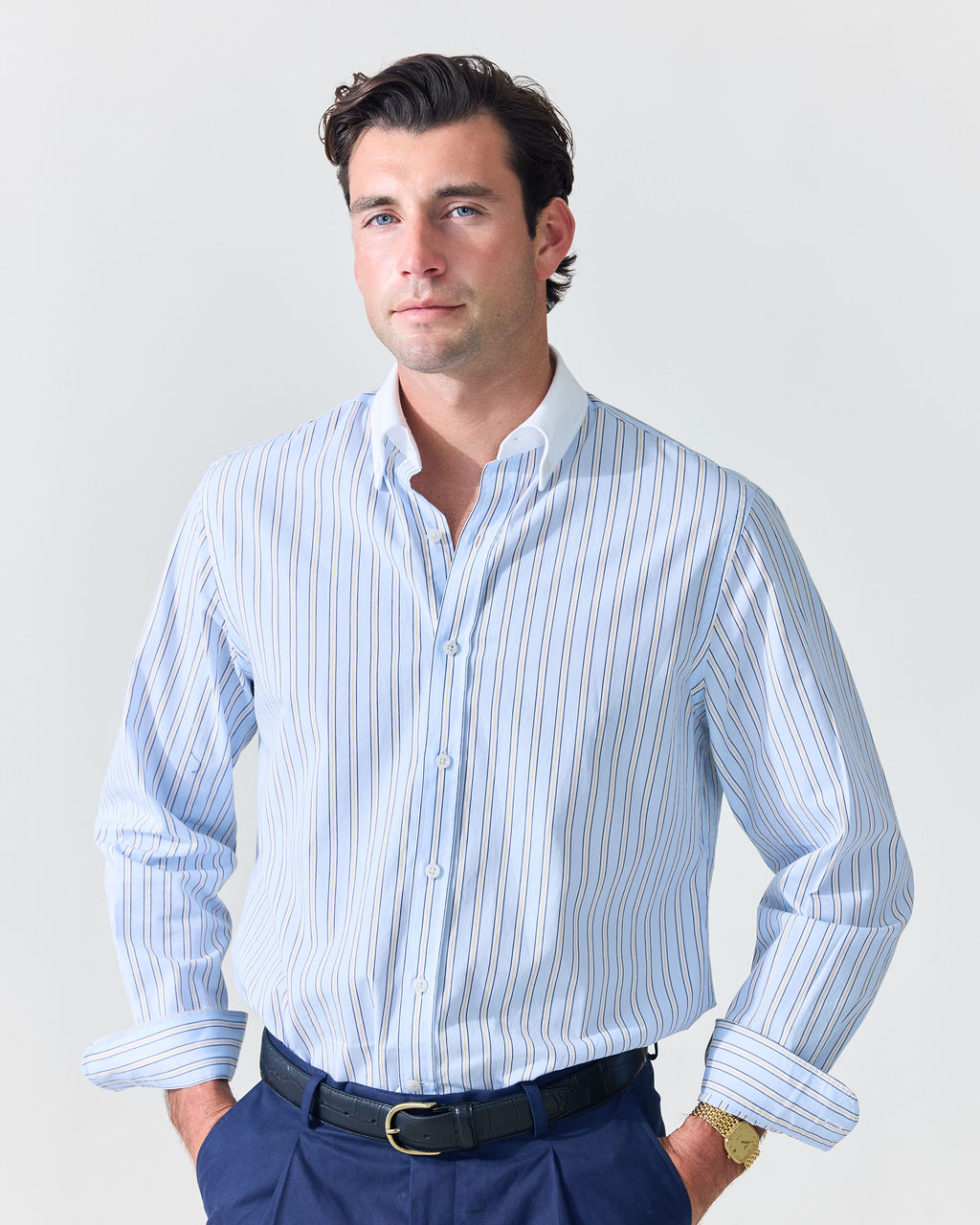 Light Blue Stripe Contrast Collar Shirt (SS26) | Le Alfré
