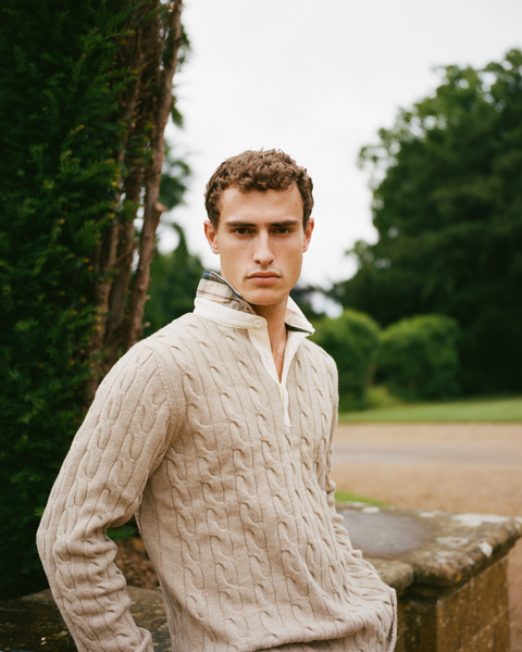 Light Camel Cotton Cable Knit Rugby