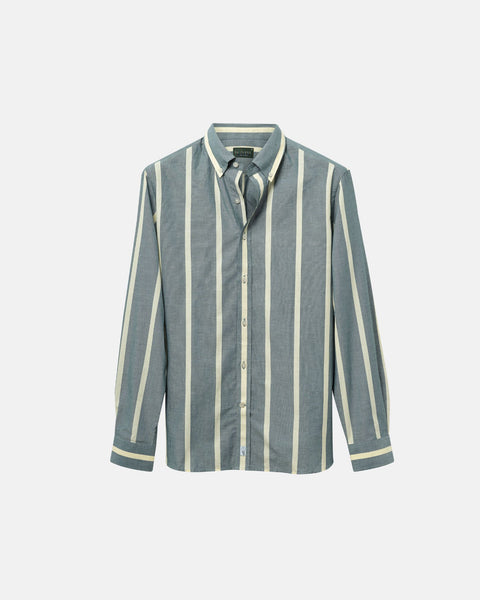 Heritage Olive Wide Stripe Summer Chambray Shirt | Le Alfr Heritage Olive Wide Stripe Summer Chambray Shirt | Le Alfr