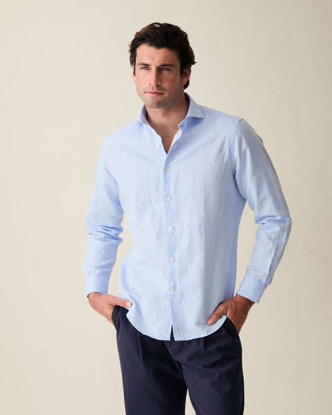 Classic Light Blue Linen-Blend Shirt