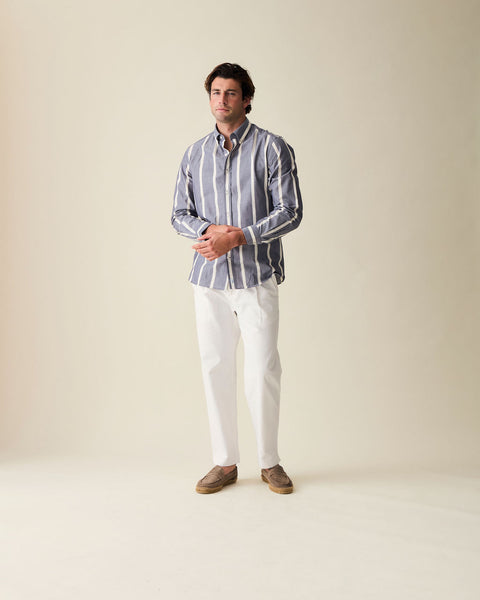 Navy Wide Stripe Summer Chambray Shirt