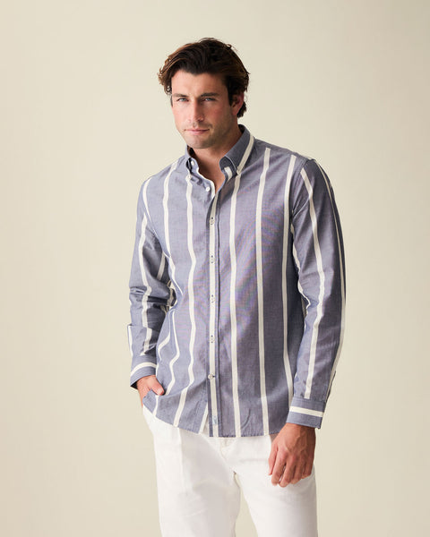 Navy Wide Stripe Summer Chambray Shirt