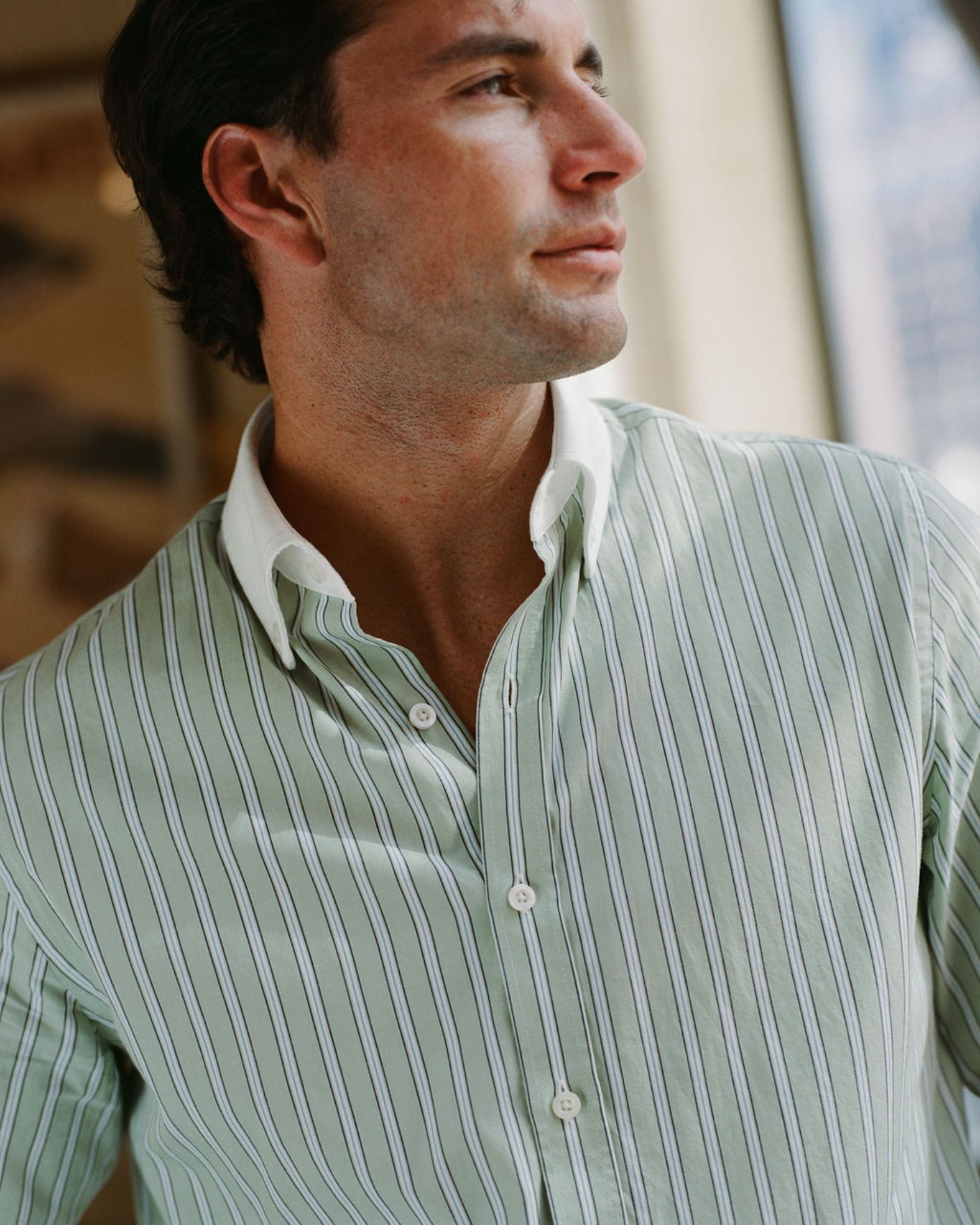 Pistachio Stripe Contrast Collar Shirt (SS26) | Le Alfré