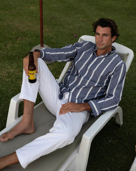 Navy Wide Stripe Summer Chambray Shirt